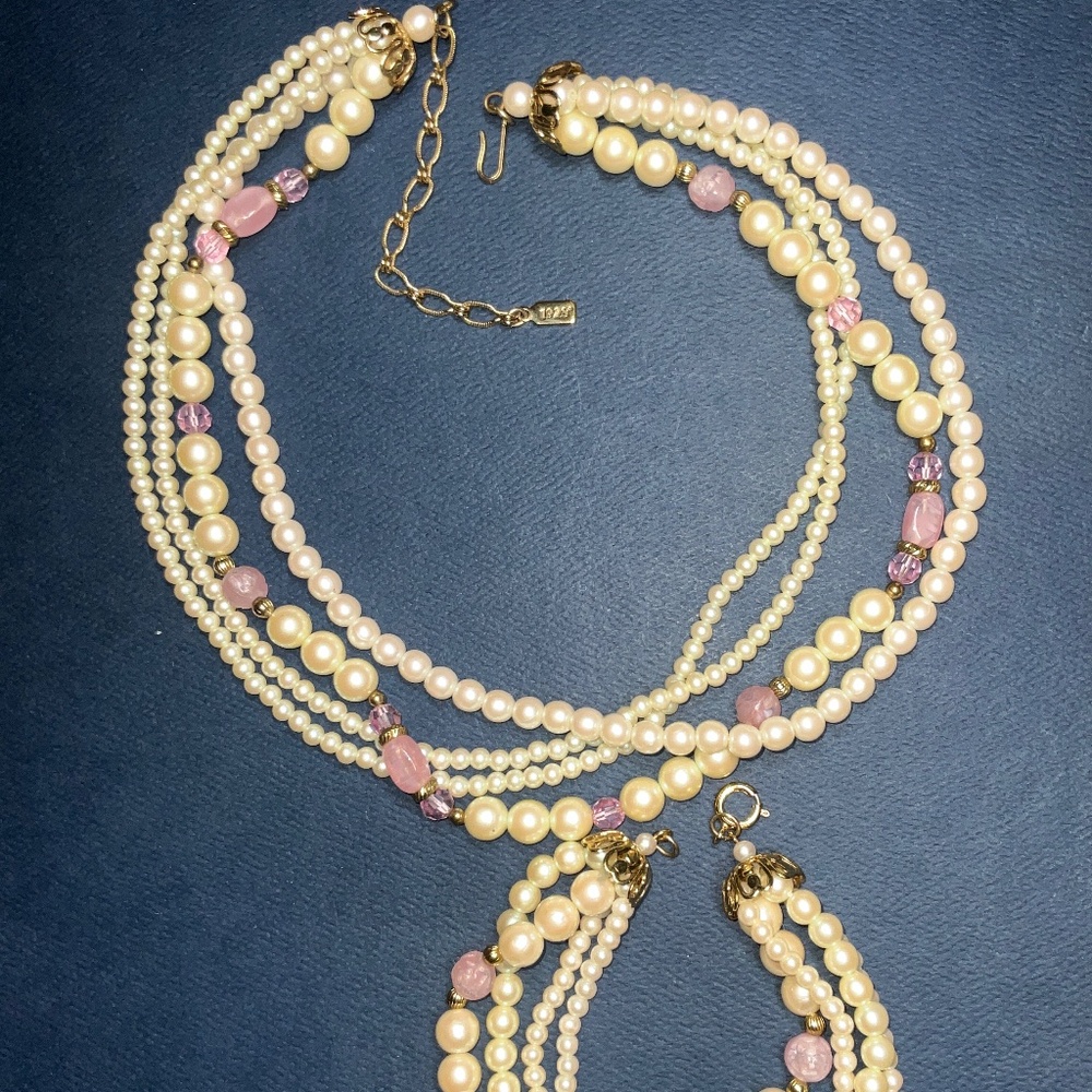 Vintage 1928 Jewelry Co Matching Set Multi Strand Faux Pearl Necklace & Bracelet